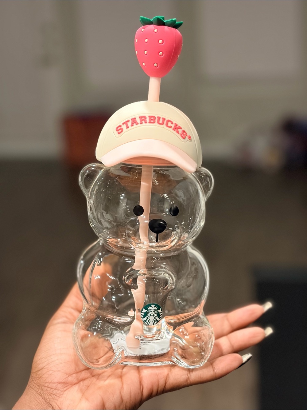 Starbucks Clear Bear Cup with Pink Strawberry Top